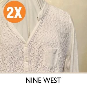 XXL Nine West White Lace Front Henley Roll Tab Sleeve Button V-Neck Career Top